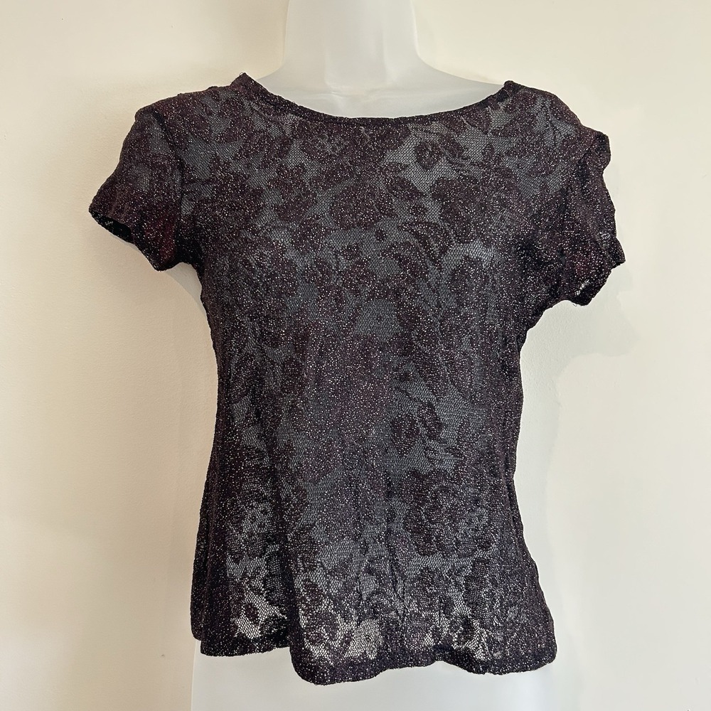 Vtg Made in USA Top Gothic Glam Black Lace Sparkly Sheer Floral Short Sleeve